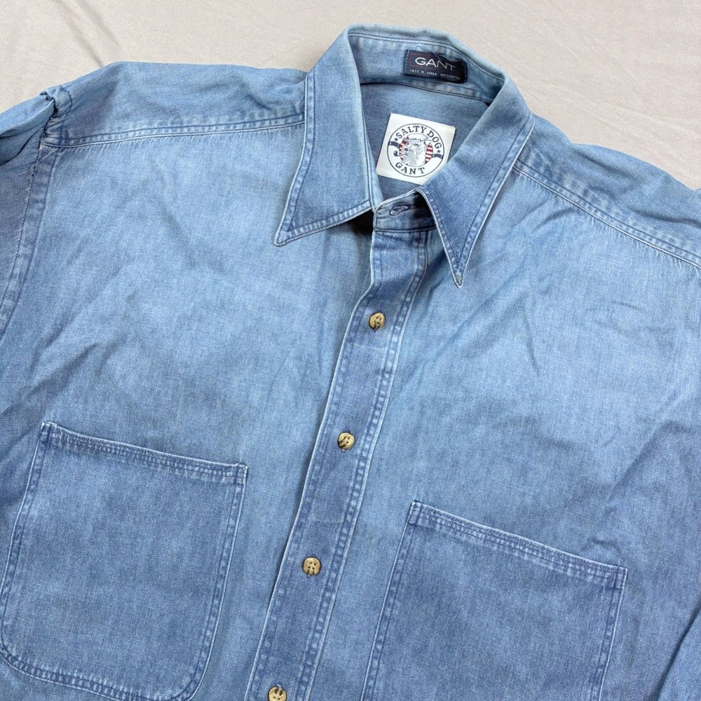 Gant Salty Dog Denim Shirt Mens 16 34/35 Blue Long Sleeve Cotton Workwear Button
